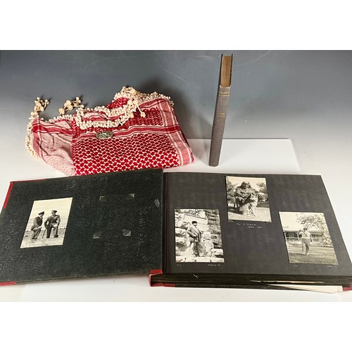 438 - PHOTOGRAPH ALBUM, SCARF, BADGE AND BOOK ASSOCIATED WITH BRIGADIER PETER YOUNG COMMANDER OF LEGION IN... 