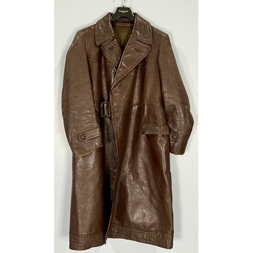 442 - VINTAGE BROWN LEATHER GERMAN OFFICERS COAT BELIEVED TO BE 1944 GERMAN OFFICERS PANZA TANK GREATCOAT ... 