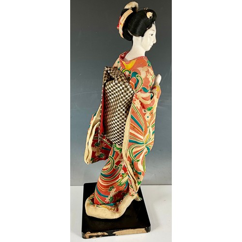 457 - VINTAGE 1960'S GEISHA FIGURE ON WOODEN BASE. APPROX. 37cm TALL