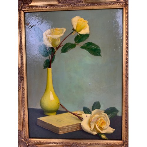 6 - UNSIGNED PICTURE ON HARDBOARD, JOHN BULLOCH SOUTER (SCOTTISH 1890-1972): STILL LIFE OF YELLOW ROSES ... 