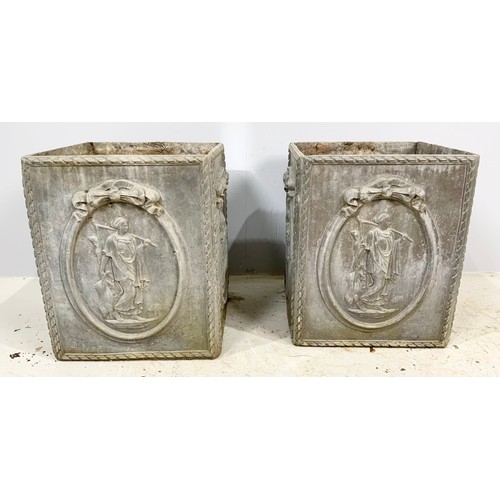 502 - PAIR OF GOOD QUALITY  CAST LEAD PLANTERS  WITH NEO CLASSICAL DECORATION  49cm TALL