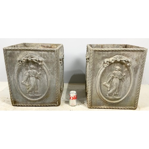 502 - PAIR OF GOOD QUALITY  CAST LEAD PLANTERS  WITH NEO CLASSICAL DECORATION  49cm TALL