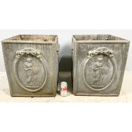 502 - PAIR OF GOOD QUALITY  CAST LEAD PLANTERS  WITH NEO CLASSICAL DECORATION  49cm TALL