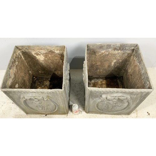 502 - PAIR OF GOOD QUALITY  CAST LEAD PLANTERS  WITH NEO CLASSICAL DECORATION  49cm TALL