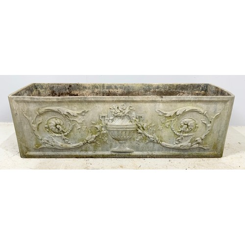 501 - GOOD QUALITY HEAVY CAST RECTANGULAR LEAD PLANTER  WITH CLASSICAL URN DECORATION WIDTH 102cm