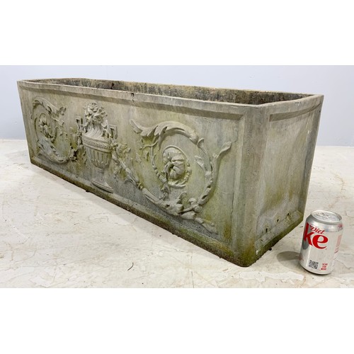 501 - GOOD QUALITY HEAVY CAST RECTANGULAR LEAD PLANTER  WITH CLASSICAL URN DECORATION WIDTH 102cm