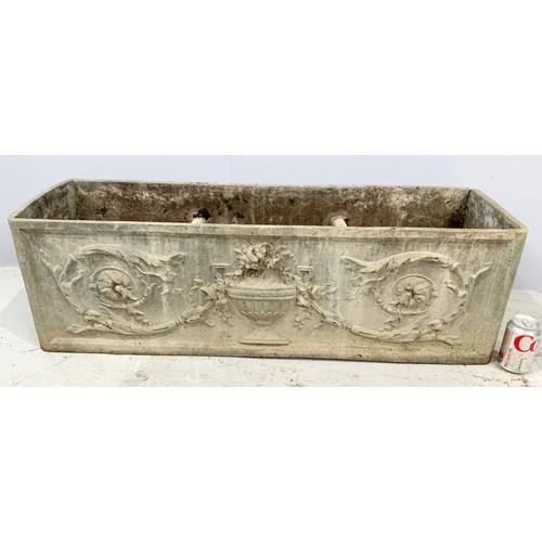 501 - GOOD QUALITY HEAVY CAST RECTANGULAR LEAD PLANTER  WITH CLASSICAL URN DECORATION WIDTH 102cm