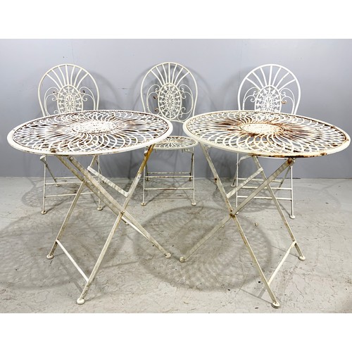 510 - 2 METAL  BISTRO TABLES  70cm DIAMETER AND  3 CHAIRS