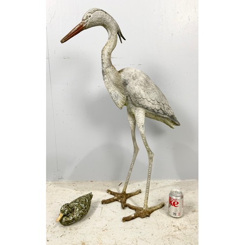 494 - METAL HERON  91cm TALL AND A CERAMIC DUCK