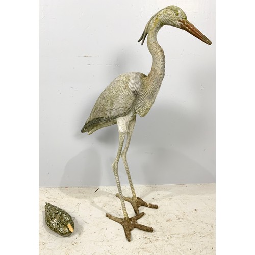 494 - METAL HERON  91cm TALL AND A CERAMIC DUCK