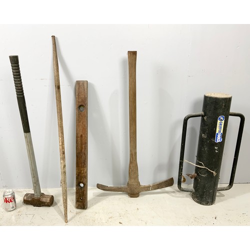 460 - POST RAMMER, SLEDGE HAMMER ,PICK AXE , SPIKE & SPIRIT LEVEL