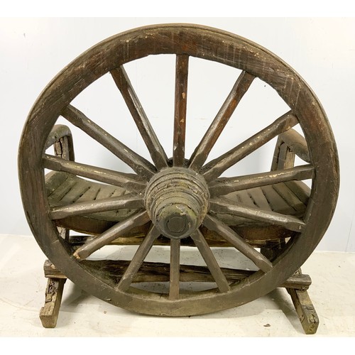 514 - UNUSUAL CART/ WAGON WHEEL BENCH WIDTH 112cm GARDEN FEATURE