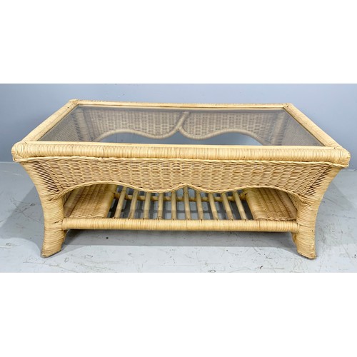 509 - GLASS TOPPED RATTAN OCCASIONAL TABLE – EX HOLLOWAYS  95cm x 52cm