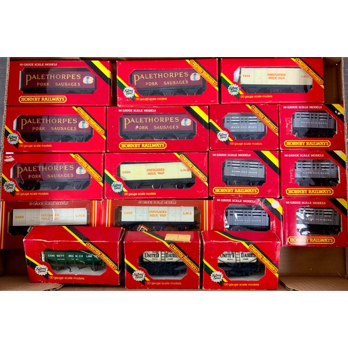 308 - 18 HORNBY BOXED MODEL RAILWAY WAGONS, INCLUDES 9, 6 WHEEL WAGONS PALETHORPES, INSULATED MILK, PLUS B... 