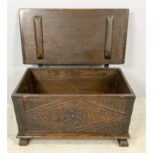 554 - CARVED OAK BOX WITH STRAP HINGES WITH CARVED GALLEON DECORATION WIDTH 81cm