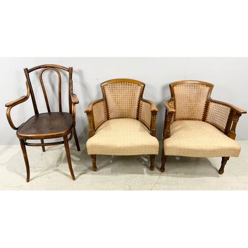 652 - PAIR OF BERCHER CHAIRS AND A BENTWOOD OFFICE CHAIR