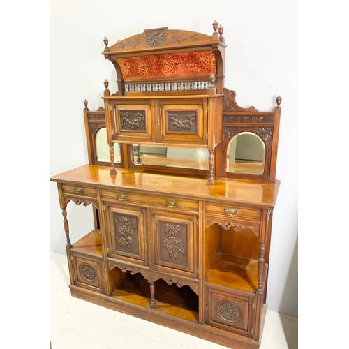 525 - MAHOGANY SIDEBOARD WITH CARVED DECORATION WIDTH 152cm , 196cm TALL