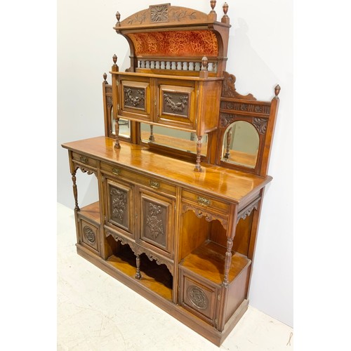 525 - MAHOGANY SIDEBOARD WITH CARVED DECORATION WIDTH 152cm , 196cm TALL