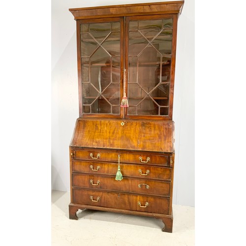 592 - GEORGIAN MAHOGANY BUREAU BOOKCASE WITH ASTRAGAL GLAZED TOP FALL FRONT FITTED INTERIOR ABOVE 4 LONG D... 