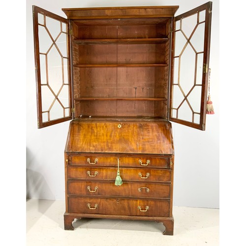 592 - GEORGIAN MAHOGANY BUREAU BOOKCASE WITH ASTRAGAL GLAZED TOP FALL FRONT FITTED INTERIOR ABOVE 4 LONG D... 