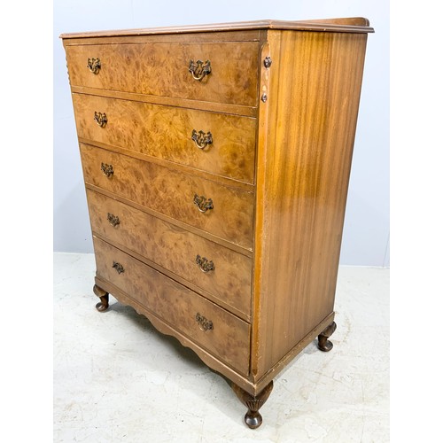 599 - WALNUT VENEER CHEST OF  5  LONG DRAWERS WIDTH 86cm