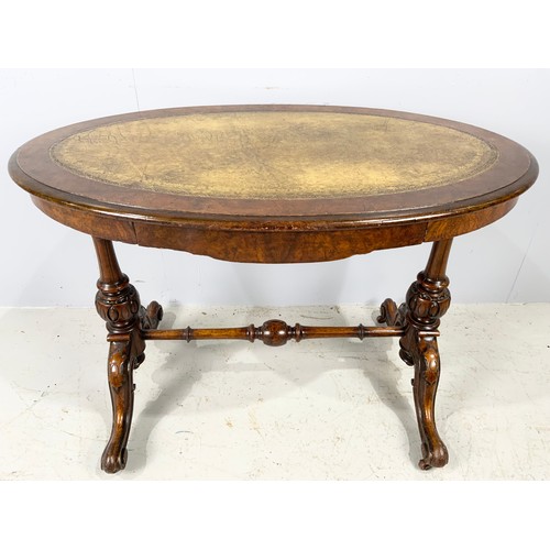 623 - ANTIQUE WALNUT OVAL LOO TABLE WITH SINGLE DRAWER & TOOLED LEATHER  INSERT  TOP 105cm x 64cm