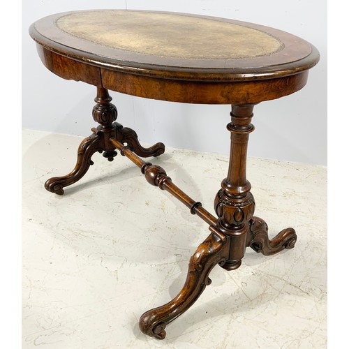 623 - ANTIQUE WALNUT OVAL LOO TABLE WITH SINGLE DRAWER & TOOLED LEATHER  INSERT  TOP 105cm x 64cm