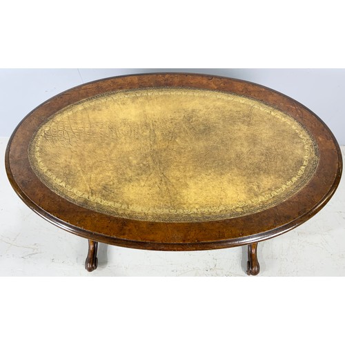 623 - ANTIQUE WALNUT OVAL LOO TABLE WITH SINGLE DRAWER & TOOLED LEATHER  INSERT  TOP 105cm x 64cm