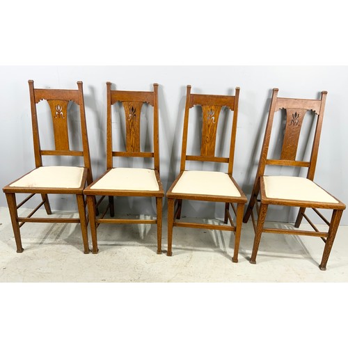 662 - SET OF SIX (FOUR PLUS TWO CARVERS) ARTS AND CRAFTS STYLE OAK DINING CHAIRS WHICH WE ARE ADVISED WERE... 