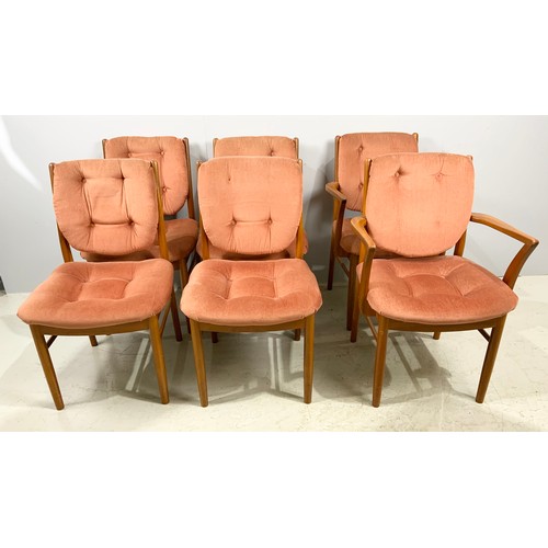 657 - SET OF 6, 4 + 2 CARVERS, MID. / LATE CENTURY UPHOLSTERED TEAK DINING CHAIRS TRADE ONLY, POSSIBLY DAN... 