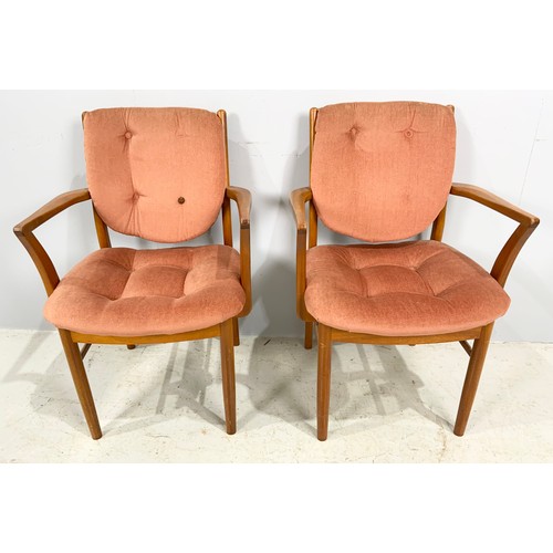 657 - SET OF 6, 4 + 2 CARVERS, MID. / LATE CENTURY UPHOLSTERED TEAK DINING CHAIRS TRADE ONLY, POSSIBLY DAN... 