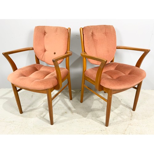 657 - SET OF 6, 4 + 2 CARVERS, MID. / LATE CENTURY UPHOLSTERED TEAK DINING CHAIRS TRADE ONLY, POSSIBLY DAN... 