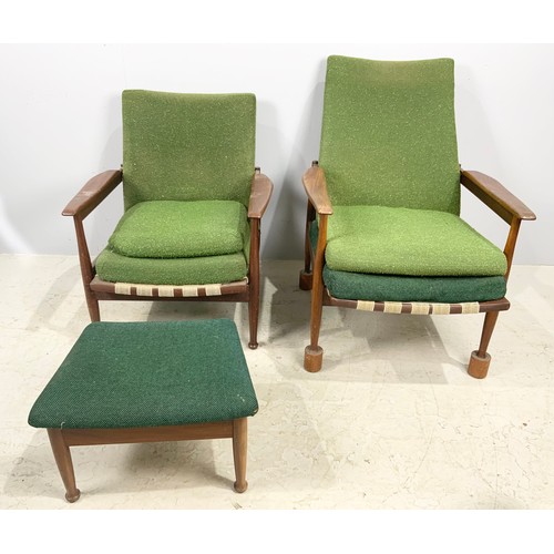 663 - TRADE ONLY – PAIR OF LATE CENTURY ARMCHAIRS  WITH A FOOT STOOL POSSIBLY DESIGNED BY GEORGE FEJER FOR... 