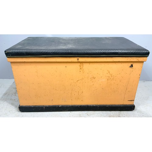 559 - PAINTED PINE BOX  / TOOL CHEST WITH PADDED TOP / SEAT WIDTH 94cm