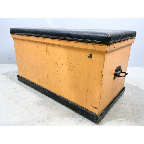 559 - PAINTED PINE BOX  / TOOL CHEST WITH PADDED TOP / SEAT WIDTH 94cm