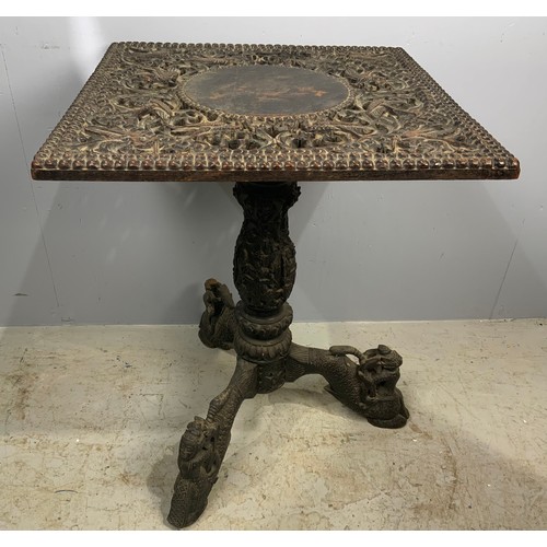 622 - 59cm SQUARE TOP CARVED INDIAN TABLE ON INTRICATELY CARVED PEDESTAL AND TRIPOD BASE