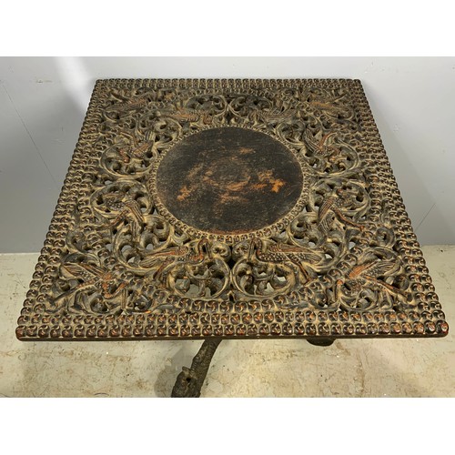 622 - 59cm SQUARE TOP CARVED INDIAN TABLE ON INTRICATELY CARVED PEDESTAL AND TRIPOD BASE