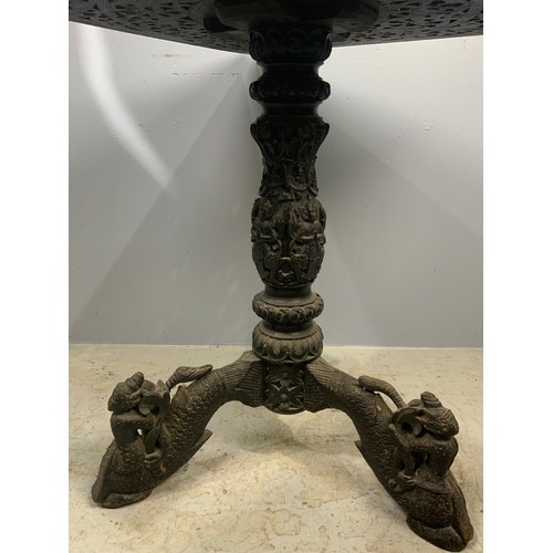 622 - 59cm SQUARE TOP CARVED INDIAN TABLE ON INTRICATELY CARVED PEDESTAL AND TRIPOD BASE