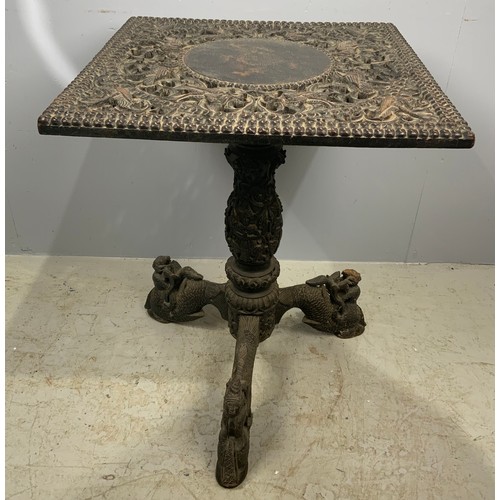 622 - 59cm SQUARE TOP CARVED INDIAN TABLE ON INTRICATELY CARVED PEDESTAL AND TRIPOD BASE