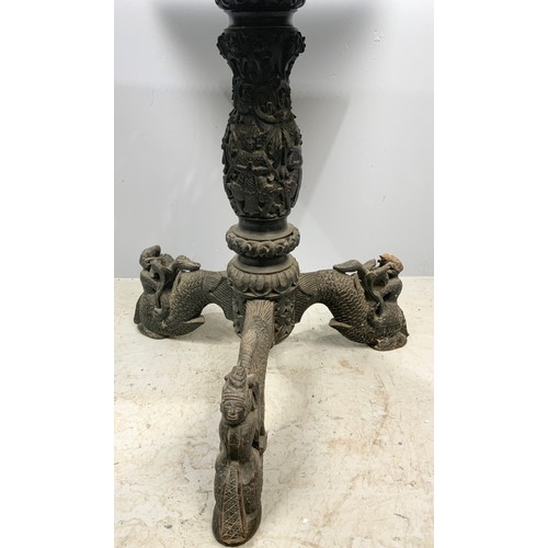 622 - 59cm SQUARE TOP CARVED INDIAN TABLE ON INTRICATELY CARVED PEDESTAL AND TRIPOD BASE