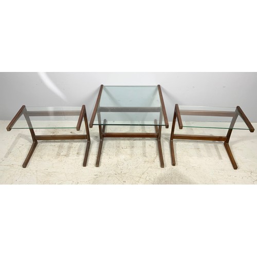 636 - NEST OF THREE LATE CENTURY TEAK AND GLASS TOP TABLES