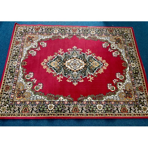 673 - BELGIAN RED GROUND RUG, APPROX. 220 X 160 cm