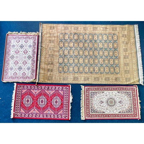 675 - 1 LARGE AND 3 SMALL MACHINE MADE TRADITIONAL STYLE SILK RUGS. APPROX DIMENSIONS - 1) 203X137CM  2,3 ... 