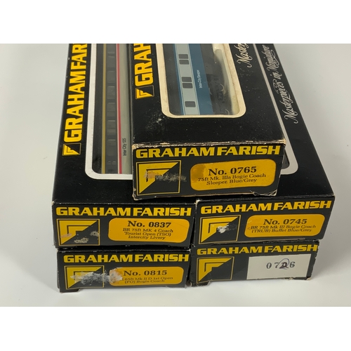 267 - GRAHAM FARISH N GAUGE 5 BR MK3 COACHES, IN BOXES INC SLEEPER, BUFFET & FIRST