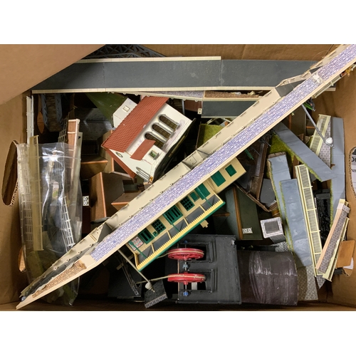 390 - GOOD BOX OF MODEL RAILWAY SCENARY, STATION, MINE, CHURCH ETC