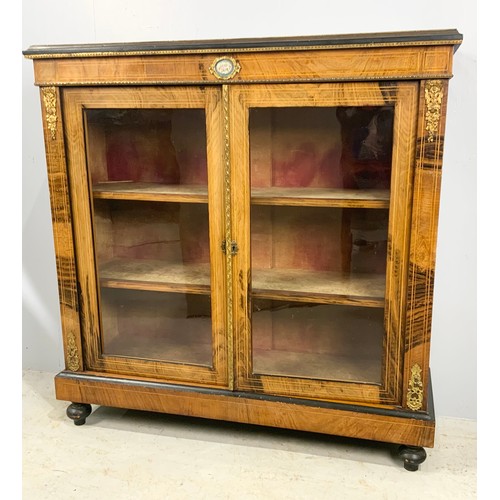 610 - 19TH CENTURY ROSEWOOD GLAZED PIER CABINET WITH DOUBLE DOORS, ORMOLU FITTINGS AND SEVRES STYLE PORCEL... 