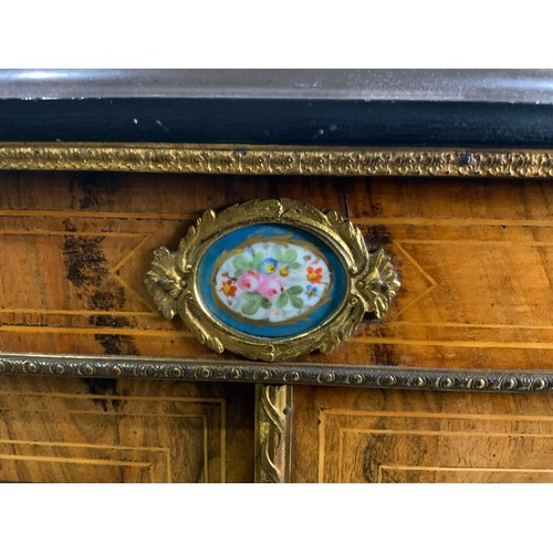 610 - 19TH CENTURY ROSEWOOD GLAZED PIER CABINET WITH DOUBLE DOORS, ORMOLU FITTINGS AND SEVRES STYLE PORCEL... 