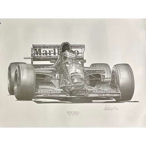 32 - 3 MOTORING INTEREST PRINTS, GERHARD BERGER (A) 1994 MONACO GRAND PRIX FERRARI 412TI/153, SIGNED BY A... 