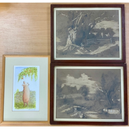 45 - WATERCOLOUR OF A PIG CHRISTINE DELLA EDGAR, & 2 VINTAGE SKETCHES