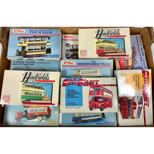 297 - 12 TRAM & BUS PLASTIC KITS, HADFIELDS, KEIL CRAFT, TOWER TRAMS, PLUS A REVELL FERRARI 360 SPIDER KIT... 